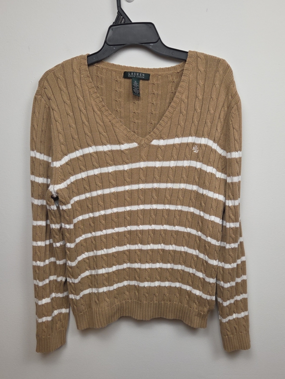 Lauren Ralph Lauren Cable Knit Striped Cotton Chunky Sweater Fall Warm Cozy XL